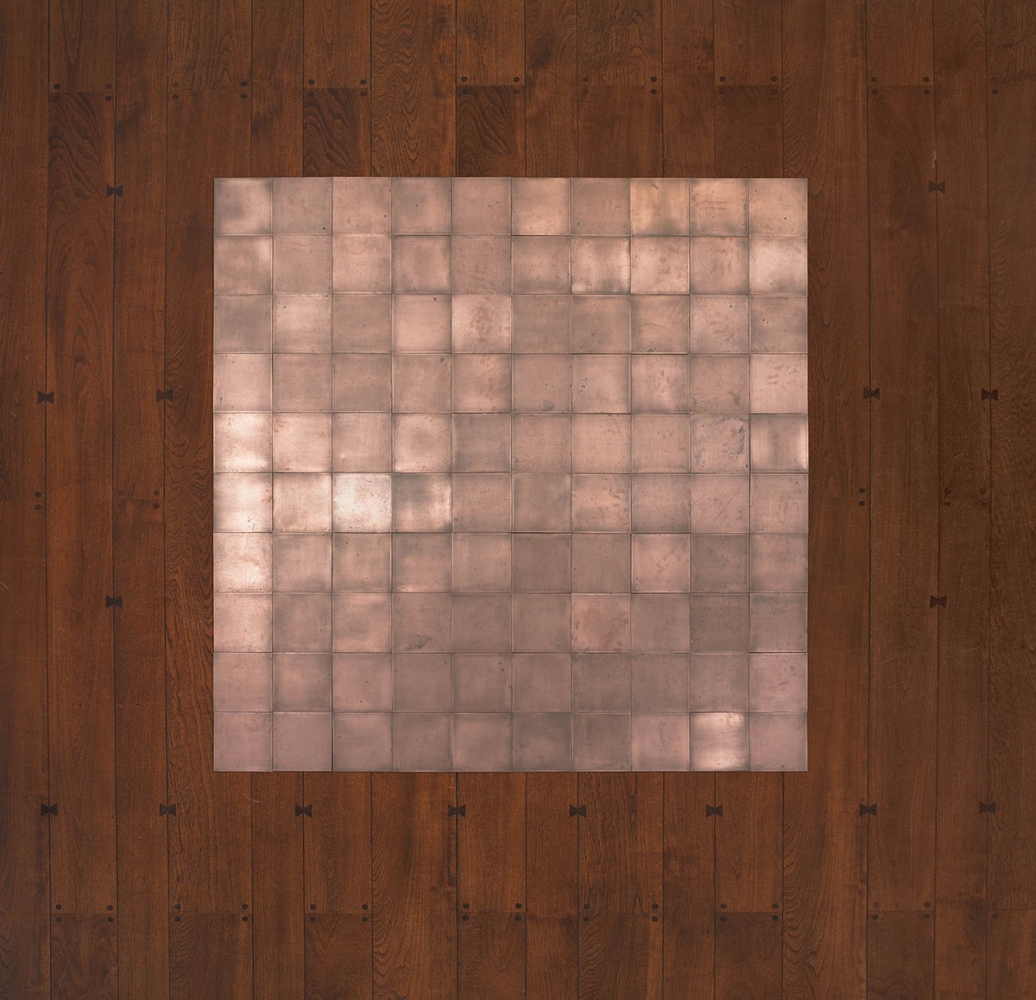 Carl Andre

100 Copper Square

1968

copper

100-unit square (10 x 10)

each: 3/16 x 7 13/16 x 7 13/16 inches (.5 x 19.8 x 19.8 cm)

overall: 3/16 x 78 11/16 x 78 11/16 inches (.5 x 199.9 x 199.9 cm)