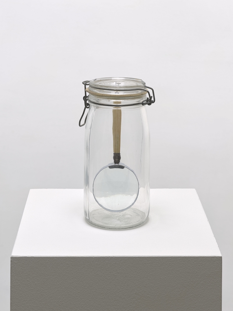 Untitled

1995

glass jar and lid with magnifying glass and silver chain

9 x 5&amp;nbsp;⅜ x 4&amp;nbsp;⅛ inches (22.8 x 13.8 x 10.5 cm)

&amp;copy; 2022 The Robert Rauschenberg Foundation, Licensed by VAGA at Artists Rights Society (ARS), New York. Photo: Ron Amstutz, courtesy of The Robert Rauschenberg Foundation and Mnuchin Gallery, New York.