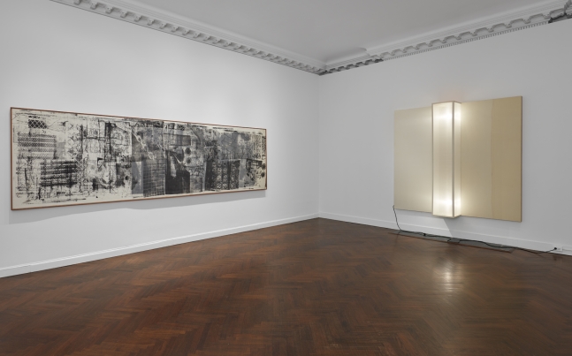 Installation view of Robert Rauschenberg: Exceptional Works, 1971-1999, May 3 - June 11, 2022 at Mnuchin Gallery. &copy; 2022 The Robert Rauschenberg Foundation / Licensed by VAGA at Artists Rights Society (ARS), New York. Photo: Tom Powel Imaging Inc., courtesy of The Robert Rauschenberg Foundation and Mnuchin Gallery, New York.