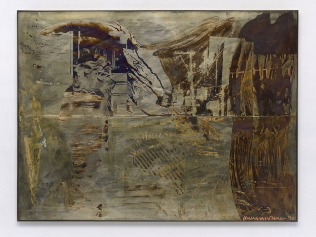 City Melange (Borealis)

1990

tarnish on brass

72&amp;nbsp;⅞ x 96&amp;nbsp;&amp;frac34; inches (185.1 x 245.7 cm)

&amp;copy; 2022 The Robert Rauschenberg Foundation, Licensed by VAGA at Artists Rights Society (ARS), New York. Photo: Ron Amstutz, courtesy of The Robert Rauschenberg Foundation and Mnuchin Gallery, New York.