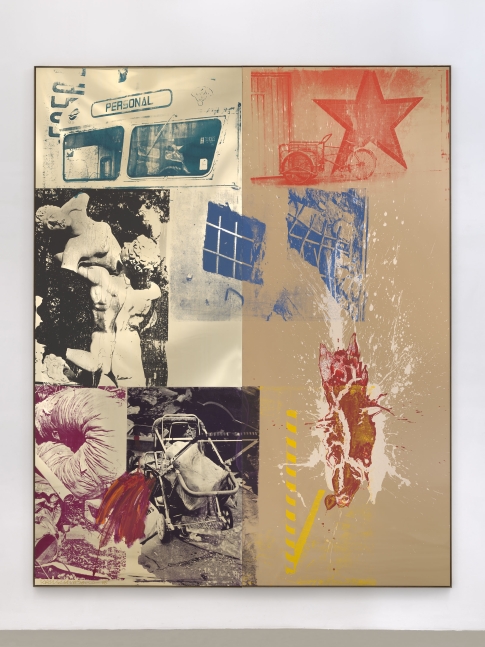 Favor-Rites (Urban Bourbon)

1988

silkscreen ink and acrylic on mirrored and enameled aluminum

120&amp;nbsp;⅝ x 96&amp;nbsp;⅞ inches (306.5 x 246 cm)

&amp;copy; 2022 The Robert Rauschenberg Foundation, Licensed by VAGA at Artists Rights Society (ARS), New York. Photo: Ron Amstutz, courtesy of The Robert Rauschenberg Foundation and Mnuchin Gallery, New York.
