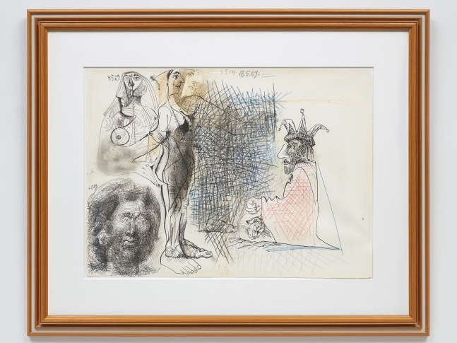Pablo Picasso

Nus, T&amp;ecirc;te d&amp;#39;Homme et Personnage Assis

1969

ink and colored pencil on paper

23 x 31 &amp;frac12; inches (58.4 x 80 cm)